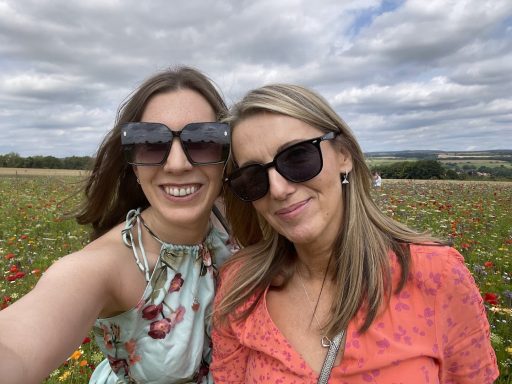 Emma and Karen in Sunglasses and Sundresses in front of Wildflowers